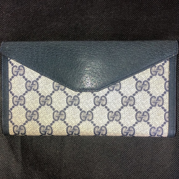 M GUCCI GG Monogram Navy Blue Leather Accent Long Bifold Wallet Vintage - Picture 16 of 17